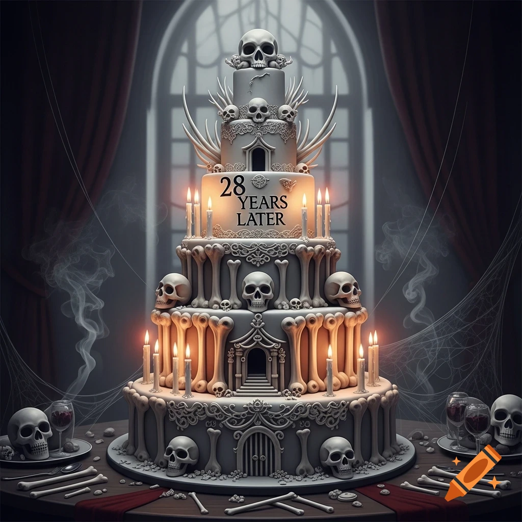 A multi-tiered gothic cake adorned with skulls, bones, and lit candles, reading '28 YEARS LATER' in a dark, atmospheric setting.