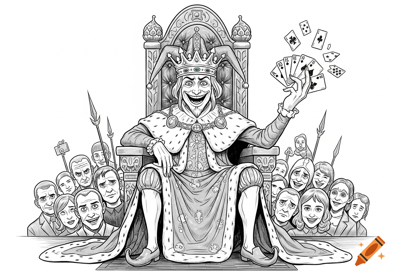 Black and white sketch of a grinning jester-king on a throne, holding a hand of playing cards, with a crowd of people with forced smiles and sad eyes below him.