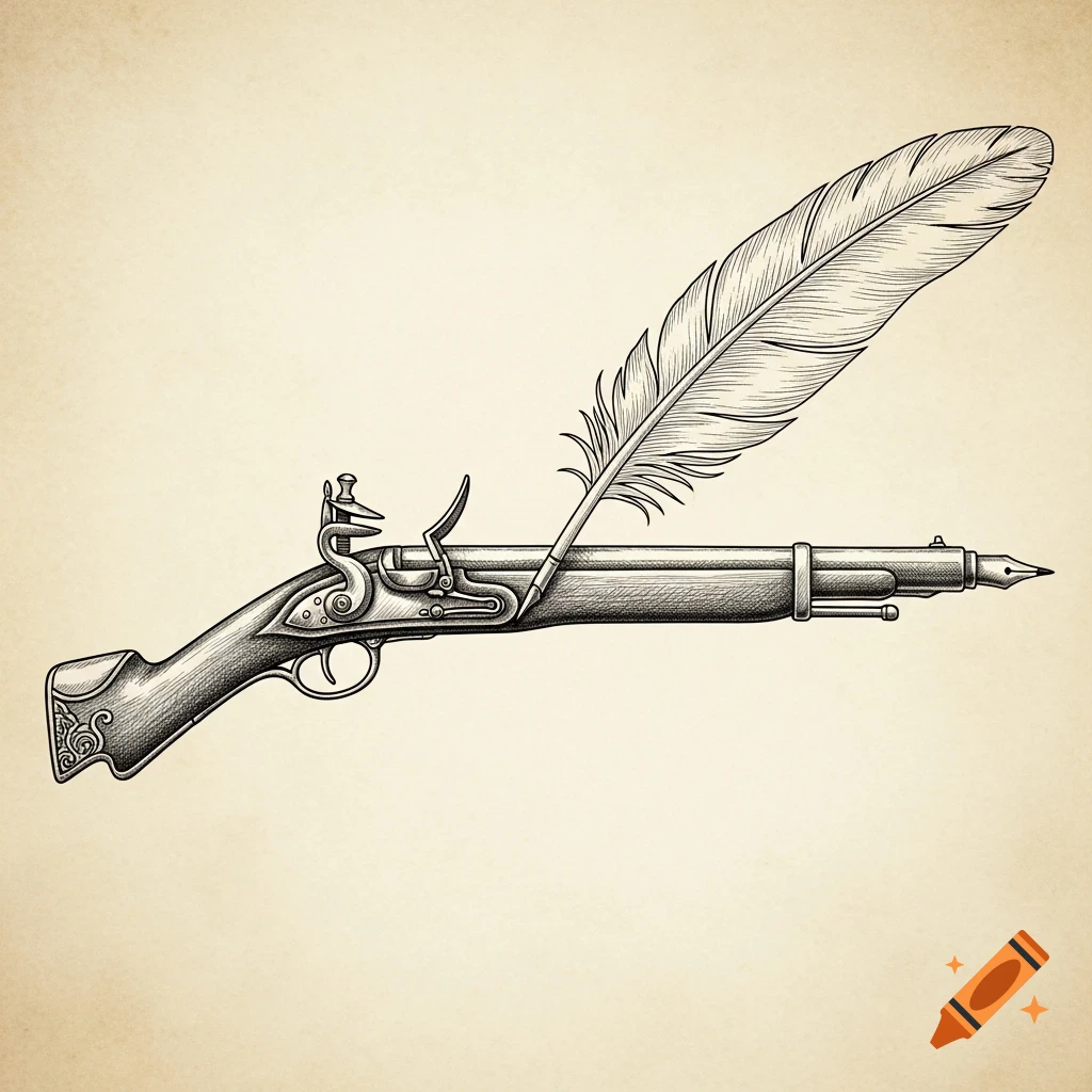 A detailed sketch depicts a flintlock rifle that seamlessly transitions into an ink quill at its barrel, against a plain background.