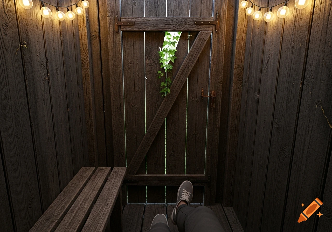 First-person view inside a rustic wooden outhouse, showing legs, string lights, and a partially open door with vines outside.