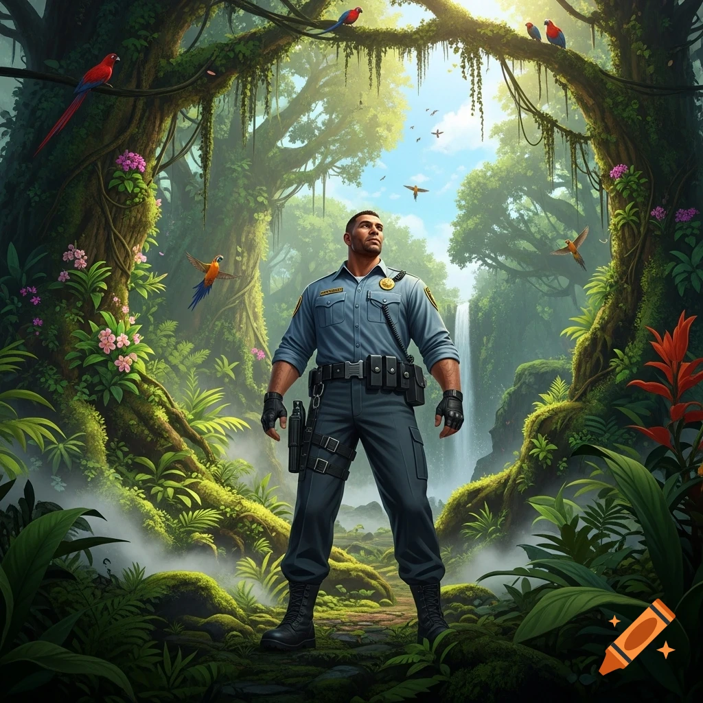 A muscular security guard stands heroically in a lush, vibrant jungle with a waterfall, exotic birds, and dense foliage.
