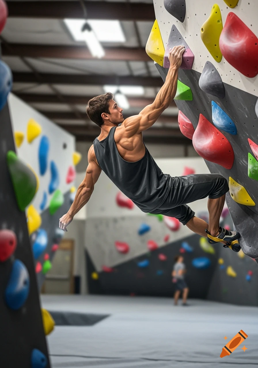 A muscular man in a tank top bouldering on a colorful climbing wall in an indoor gym, photorealistic style.