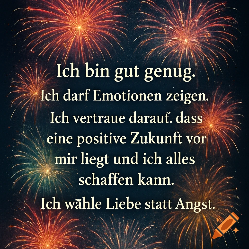 Inspirational German quote 'Ich bin gut genug...' over a night sky filled with vibrant, sparkling fireworks.