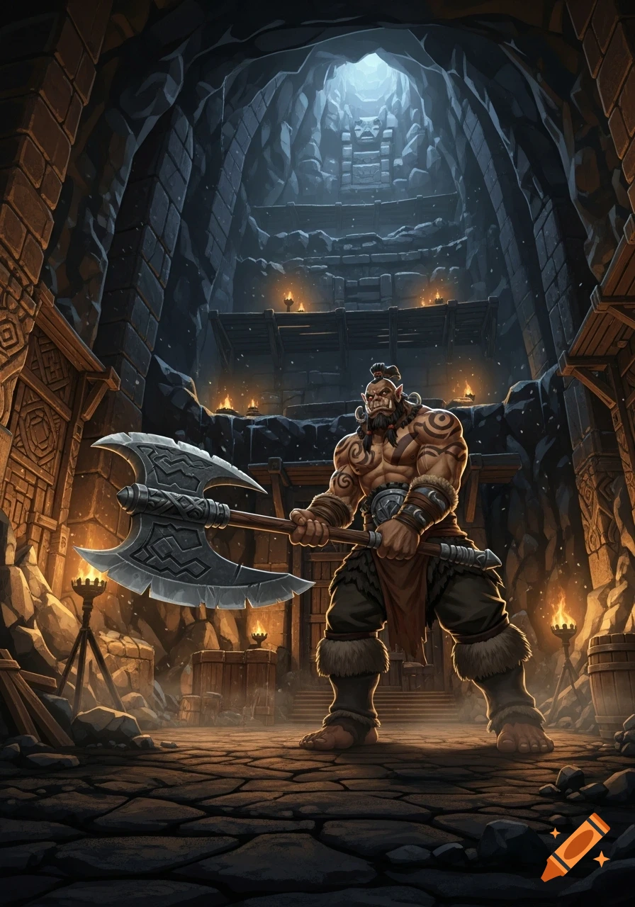 A muscular, tattooed orc barbarian warrior with a large double-bladed axe stands in a torchlit stone dungeon.