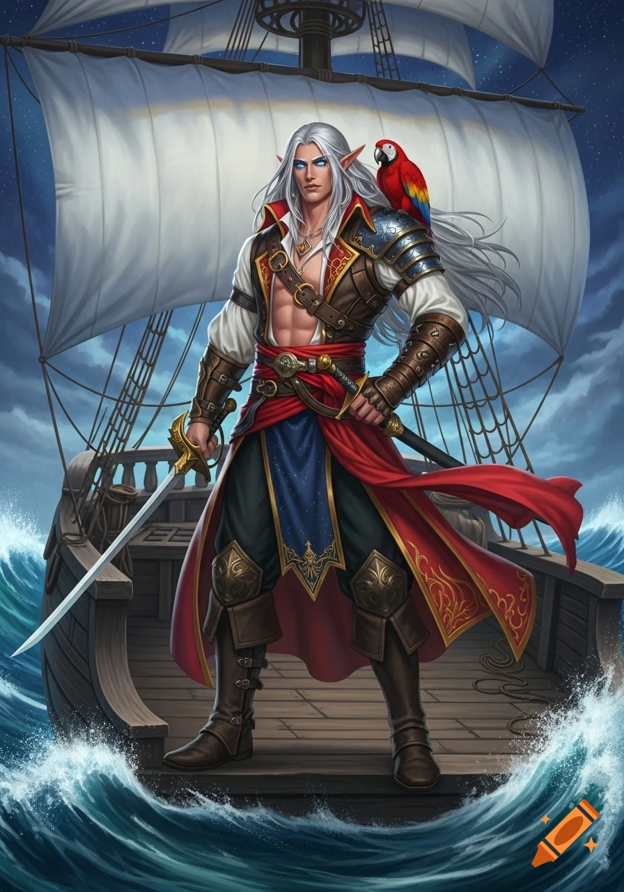 A muscular male elf pirate with long white hair and a red parrot on his shoulder stands on a ship, holding a sword, on a stormy sea.