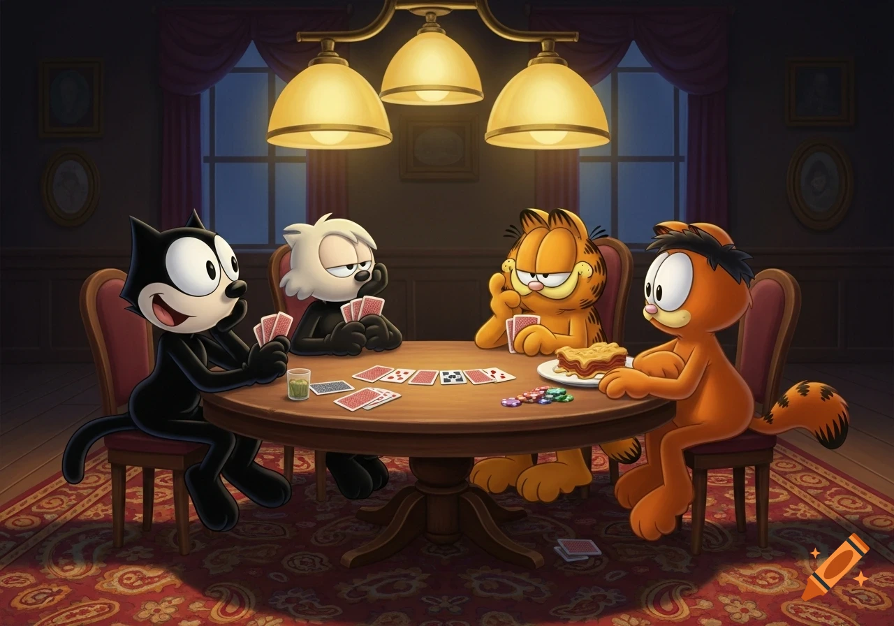 Felix the Cat, a white cat resembling Heathcliff, Garfield, and another orange cat play poker around a table under three lamps in a dimly lit room.
