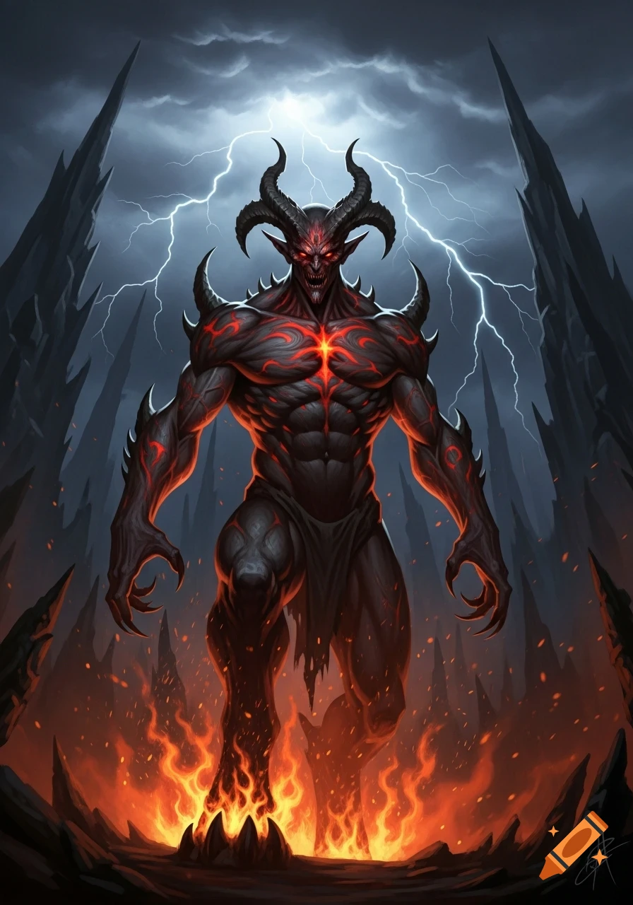 A menacing, muscular demon with red eyes, horns, and glowing red patterns stands in flames under a lightning-filled dark sky. Digital art.