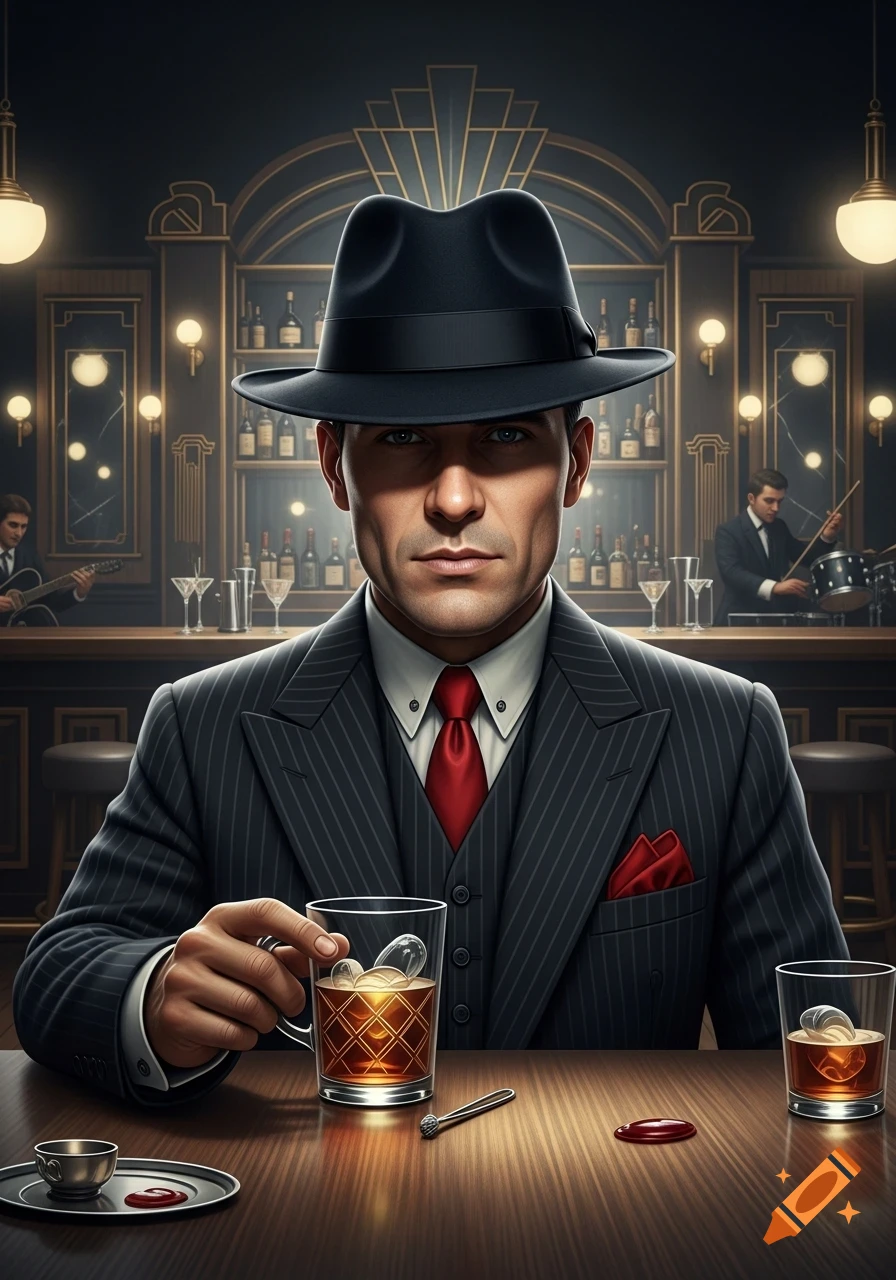 Photorealistic image of a man in a fedora and pinstripe suit holding a drink at an Art Deco bar with musicians in the background.