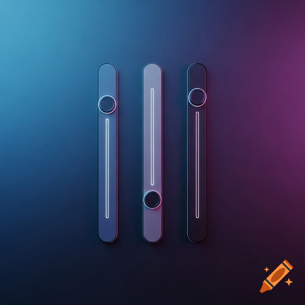 Three sleek vertical slider controls with glowing lines on a dark blue to purple gradient background, resembling a modern UI element.
