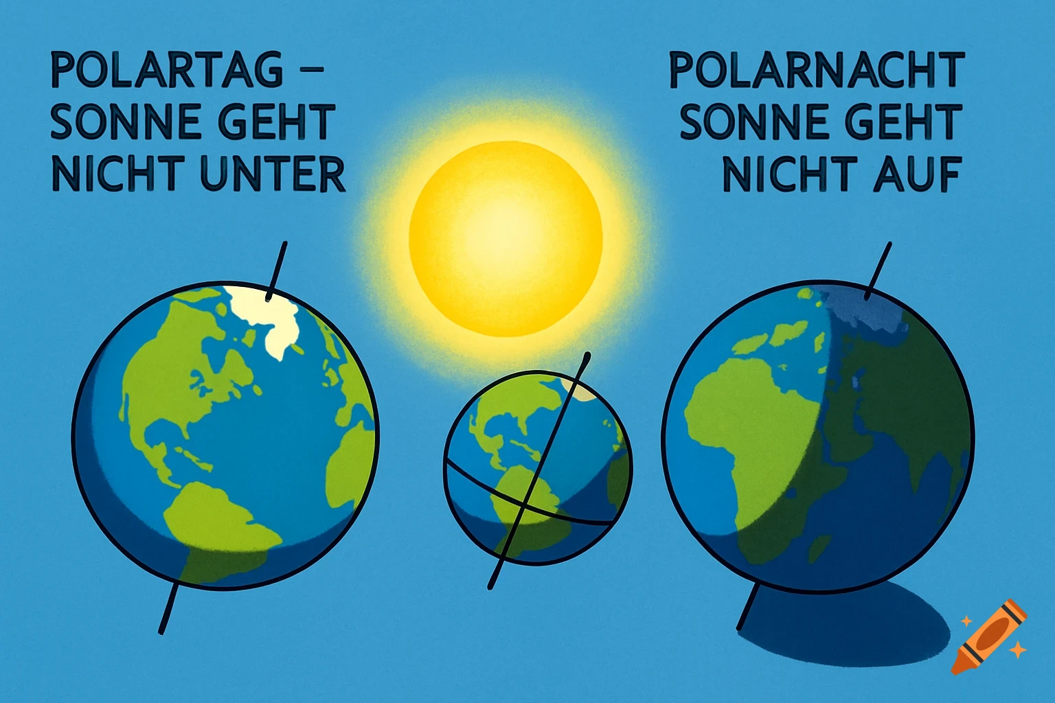Educational illustration of Earth and Sun, depicting polar day and night with German labels.