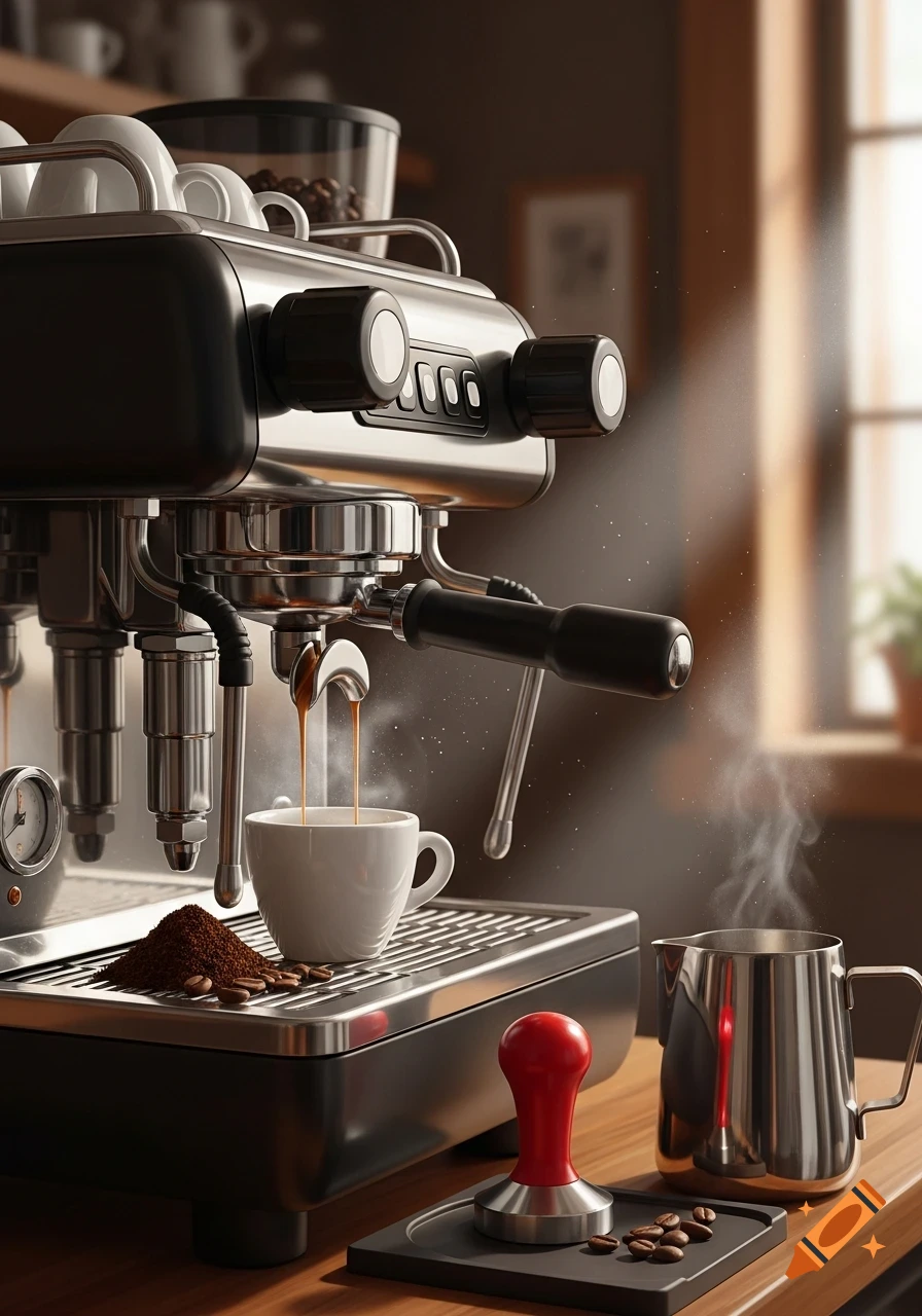 Photorealistic close-up of an espresso machine pouring coffee into a cup, with steam, coffee grounds, and a tamper on a wooden counter.