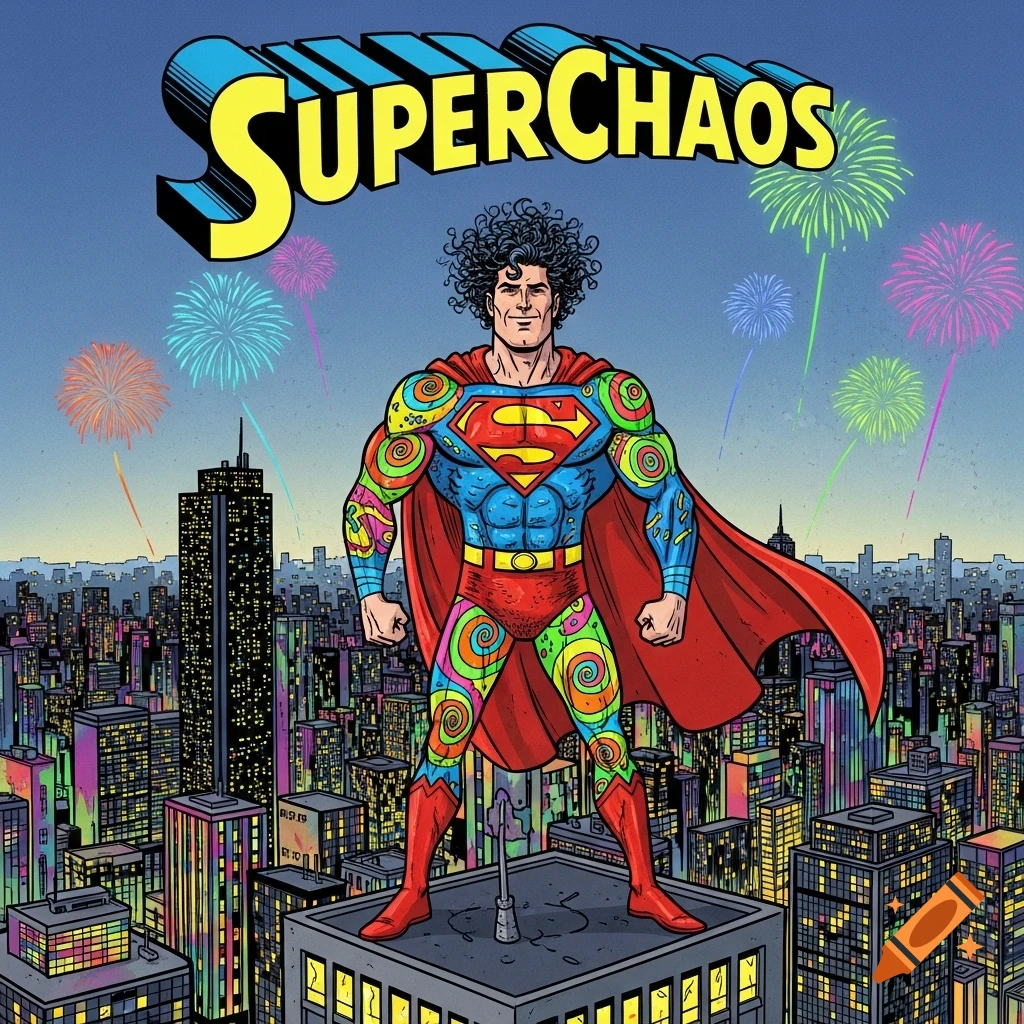 SuperChaos, a psychedelic Superman parody with curly hair and a colorful costume, stands on a city rooftop with fireworks in a comic book style.