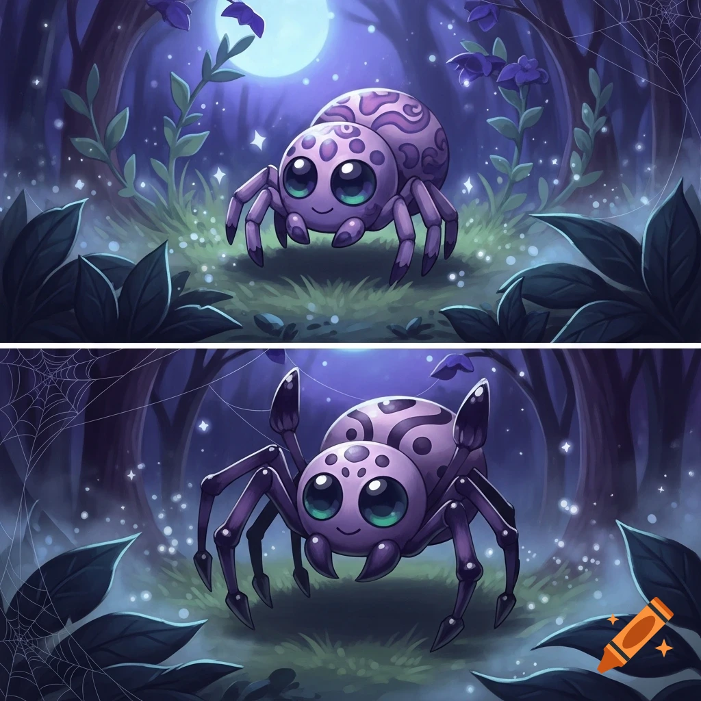 Two cute purple cartoon spiders with large green eyes in a glowing fantasy forest under a full moon.