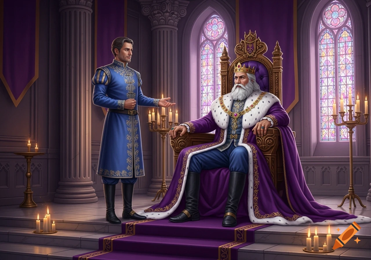 A king in a purple robe sits on a throne, listening to a man in a blue tunic in a grand, candlelit throne room.