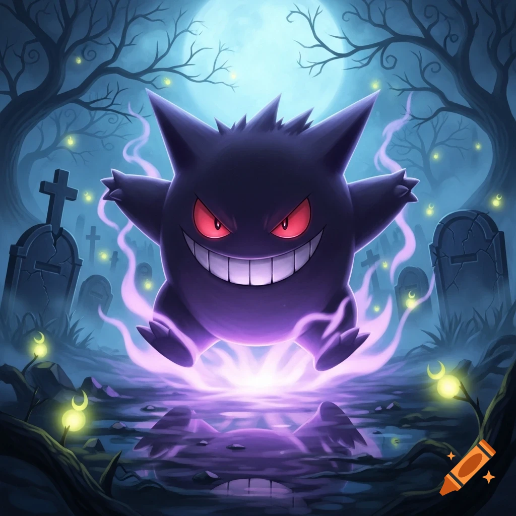 A grinning purple Gengar floats in a spooky graveyard at night under a full moon, with glowing smoke and tombstones.