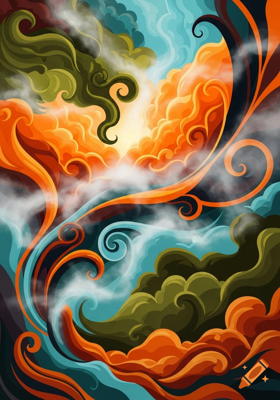 Abstract Art Nouveau swirls of orange, turquoise, olive green, and dark colors with white fog and a bright light source.
