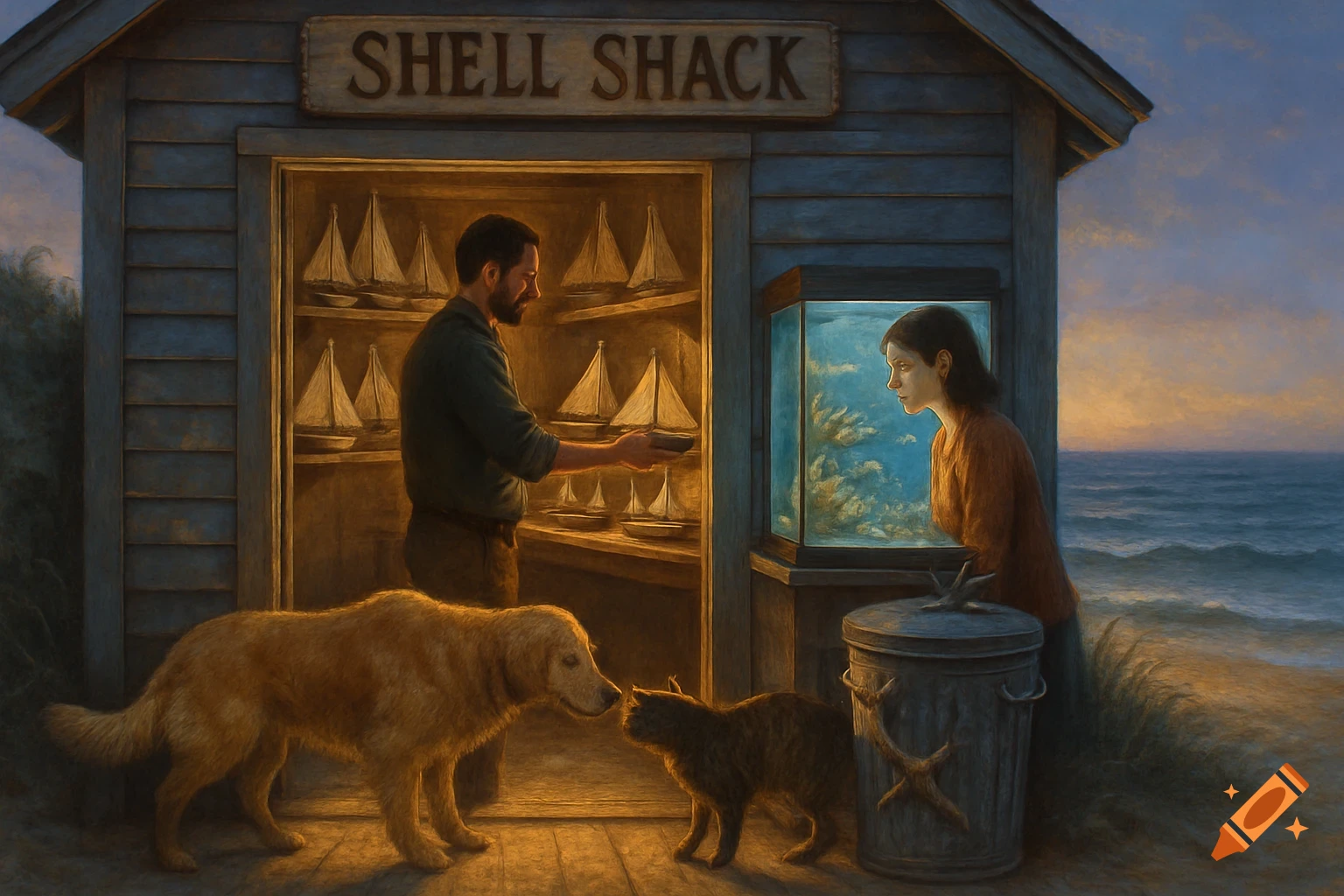 Painterly scene: A man in a 'Shell Shack,' a woman by a fish tank, and a dog and cat on a beach at dusk.