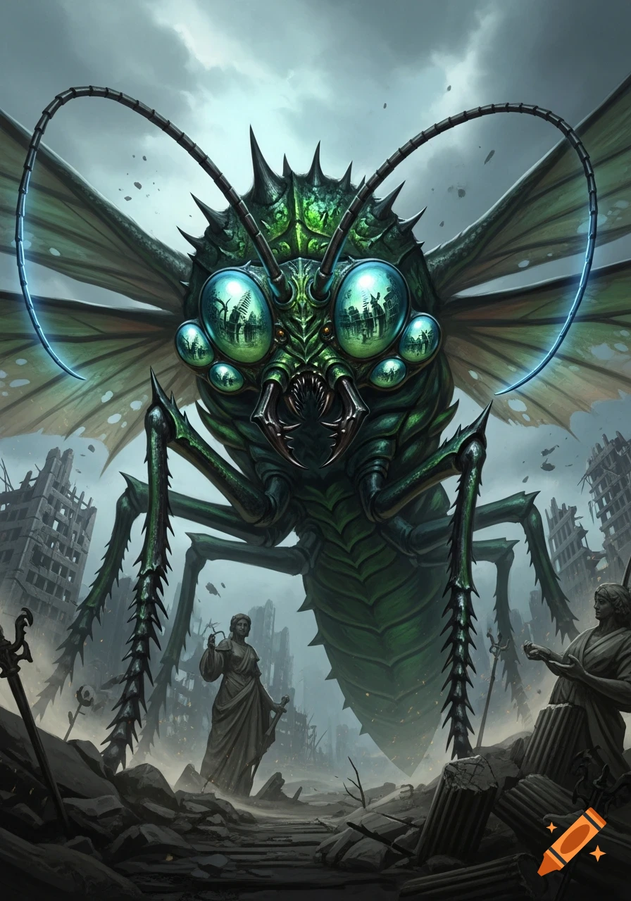 A gigantic green insect monster with glowing eyes overlooks a ruined city with classical statues, in a dark fantasy style.