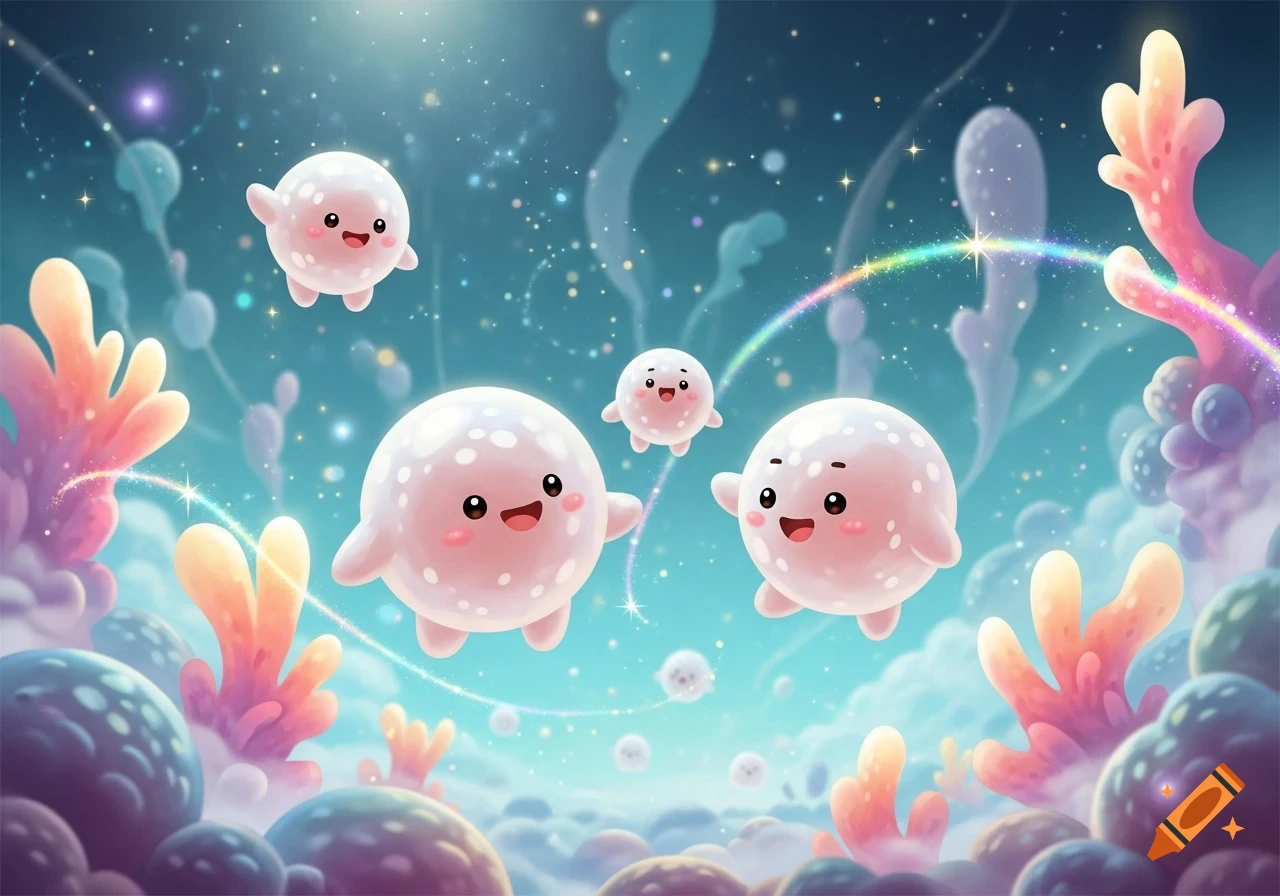 Cute white speckled creatures with smiling faces float in a vibrant fantasy scene with glowing coral and a rainbow arc, digital art.