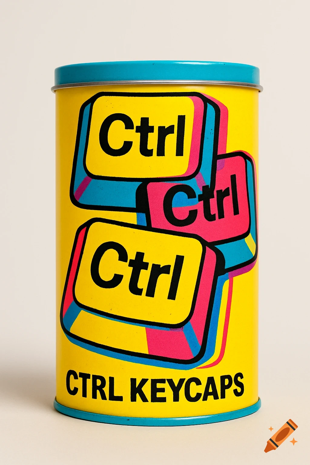 A yellow cylindrical tin with a blue lid, decorated with multiple pop art-style 'Ctrl' keycaps in black, cyan, and magenta, and 'CTRL KEYCAPS' text.