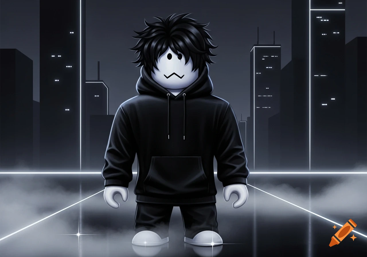 A stylized Roblox character with black frizzy hair and a black hoodie stands in a dark, neon-lit city.
