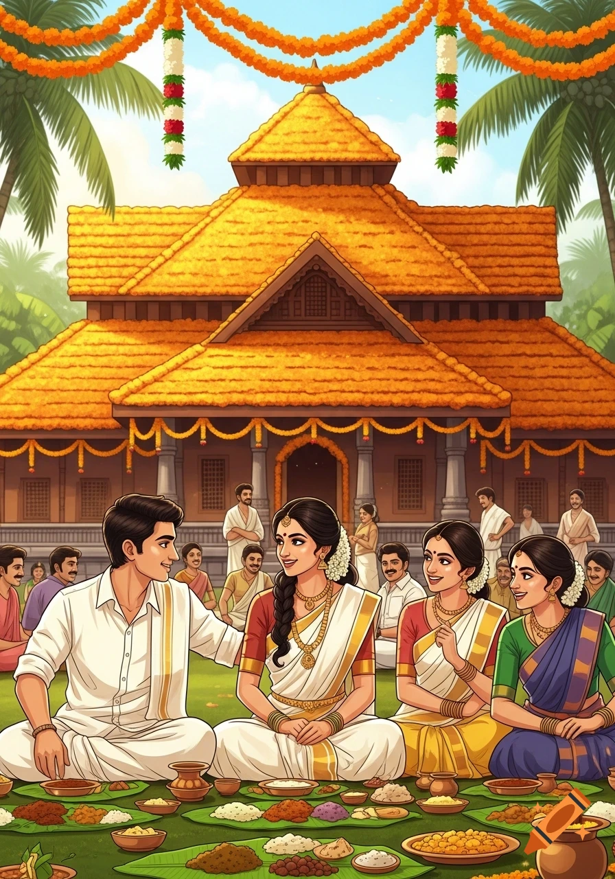 A stylized drawing of people in traditional Indian attire sitting on the ground, eating a feast in front of a grand Kerala-style house.