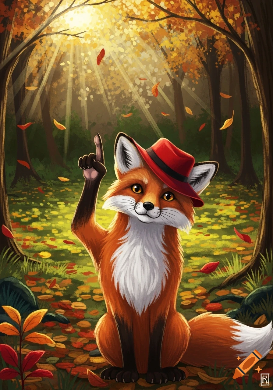 A cute, cartoon-style fox wearing a red hat stands in an autumn forest, pointing upwards as sunbeams shine through golden leaves.