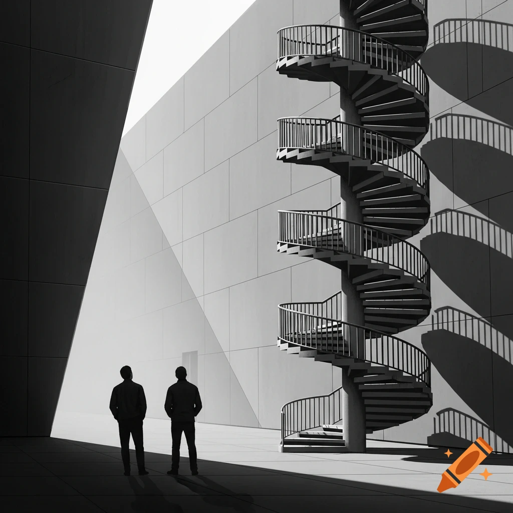 Two men stand looking at a tall spiral staircase on a modern building, rendered in a striking black and white minimalist style.