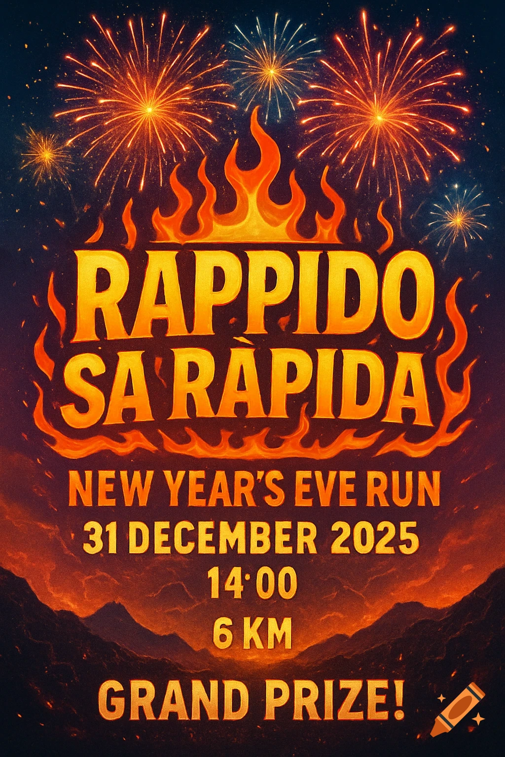 A New Year's Eve run flyer with "RAPPIDO SA RAPIDA" text, featuring fireworks, flames, and mountains under a night sky.