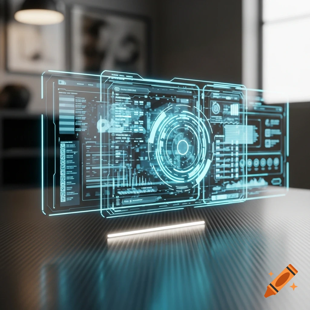 A glowing blue holographic user interface floats above a dark, reflective table in a dimly lit room.