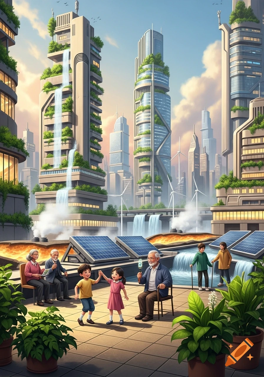 A vibrant illustration of a futuristic green city with lush buildings, waterfalls, solar panels, and wind turbines, where children play while adults relax.