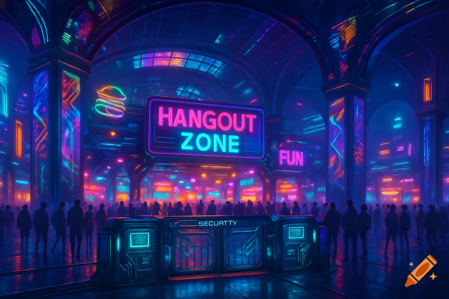 A massive, neon-lit futuristic arena with arched ceilings, glowing in vibrant blues, pinks, and purples. A large sign reads "HANGOUT ZONE" above a crowd of silhouetted people.