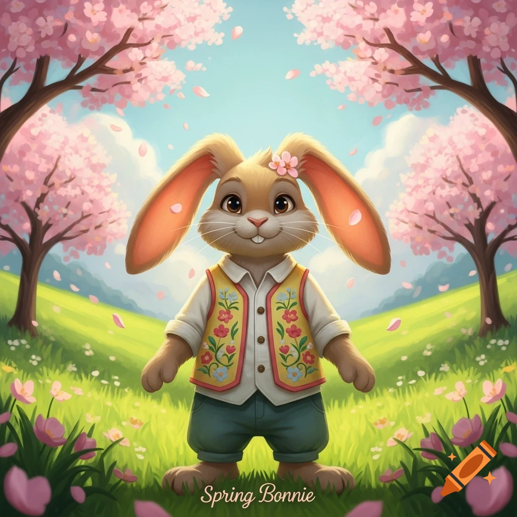 A cute cartoon bunny wearing a floral vest and blue pants stands in a vibrant spring field with pink cherry blossom trees and falling petals under a blue sky.