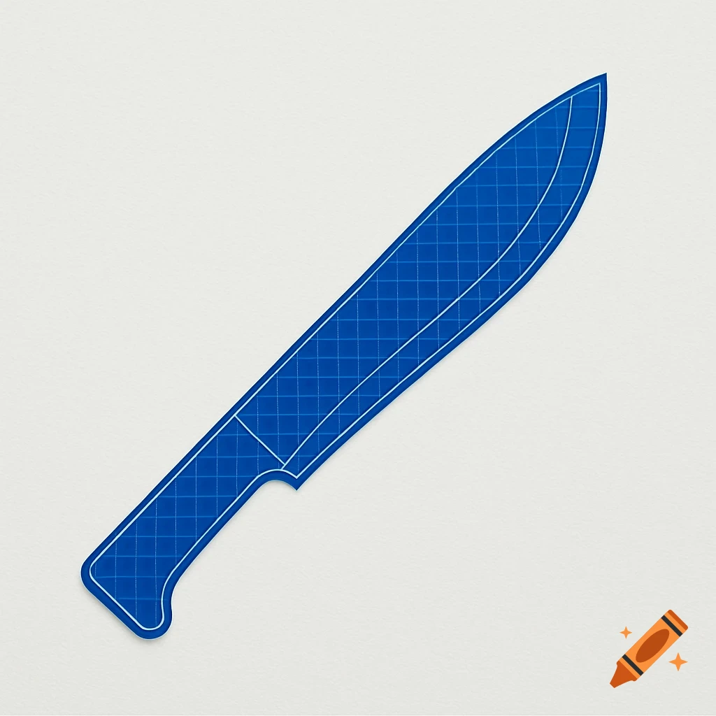 A 2D blue paper cutout blueprint of a machete blade with a grid pattern, on a white background.