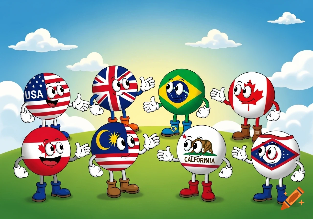 Cartoon characters of country flags and state flags with faces, hands, and boots stand on a green hill under a blue sky with clouds. Flags include USA, UK, Brazil, Canada, Malaysia, California, and Arkansas.