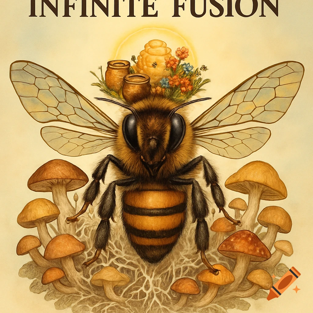 Detailed illustration of a bee with a honeycomb, jars, and flowers on its head, surrounded by mushrooms. 'INFINITE FUSION' text.