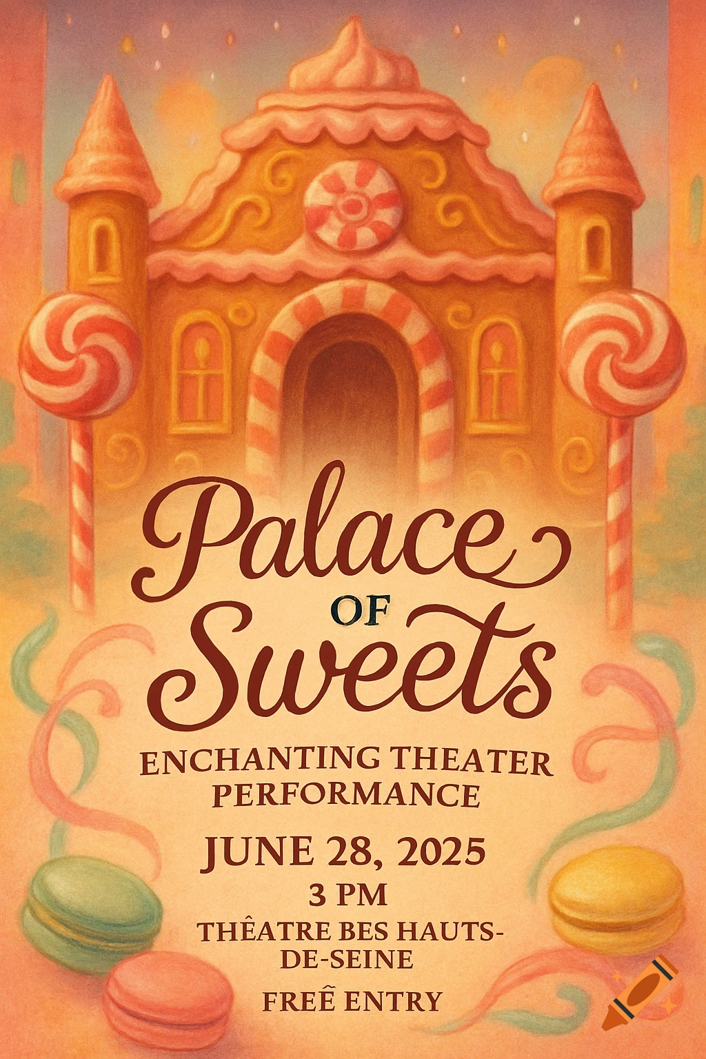 A whimsical illustrated poster featuring a gingerbread house, lollipops, and macarons, advertising the 'Palace of Sweets' theater performance.
