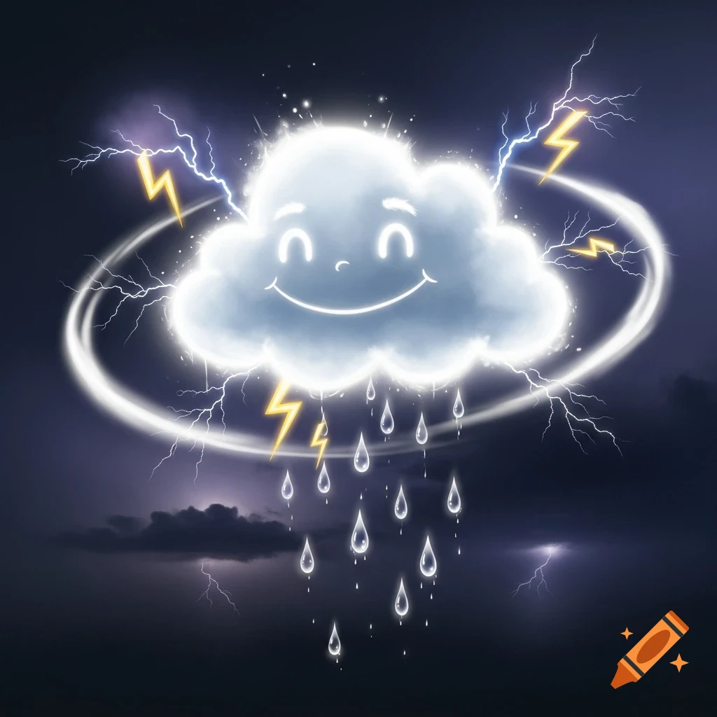 A glowing cartoon cloud with a happy face smiles as it rains, surrounded by bright lightning bolts and a white halo effect against a dark, stormy sky.