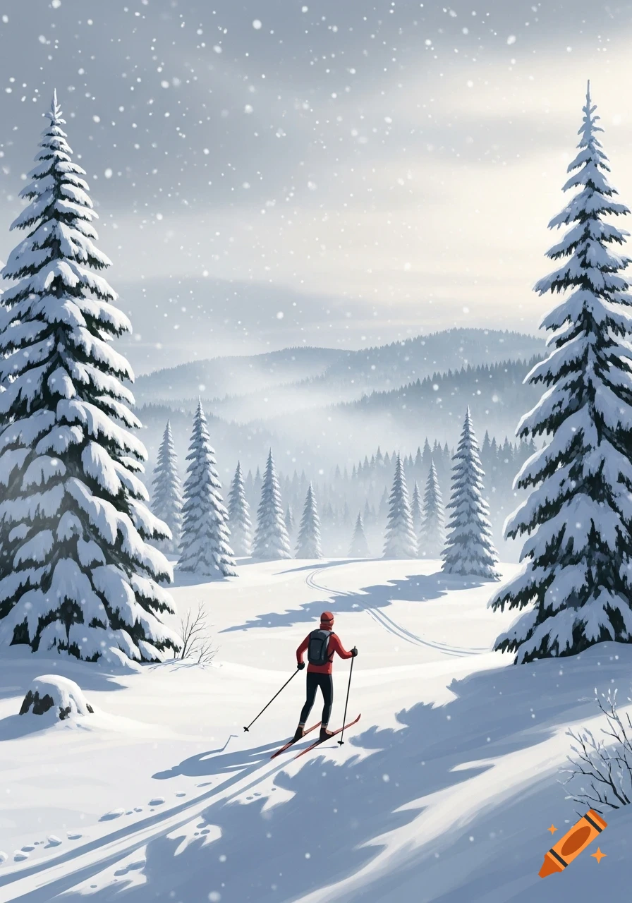 A person cross-country skis through a snowy forest with tall evergreen trees under falling snow, in an illustrative style.