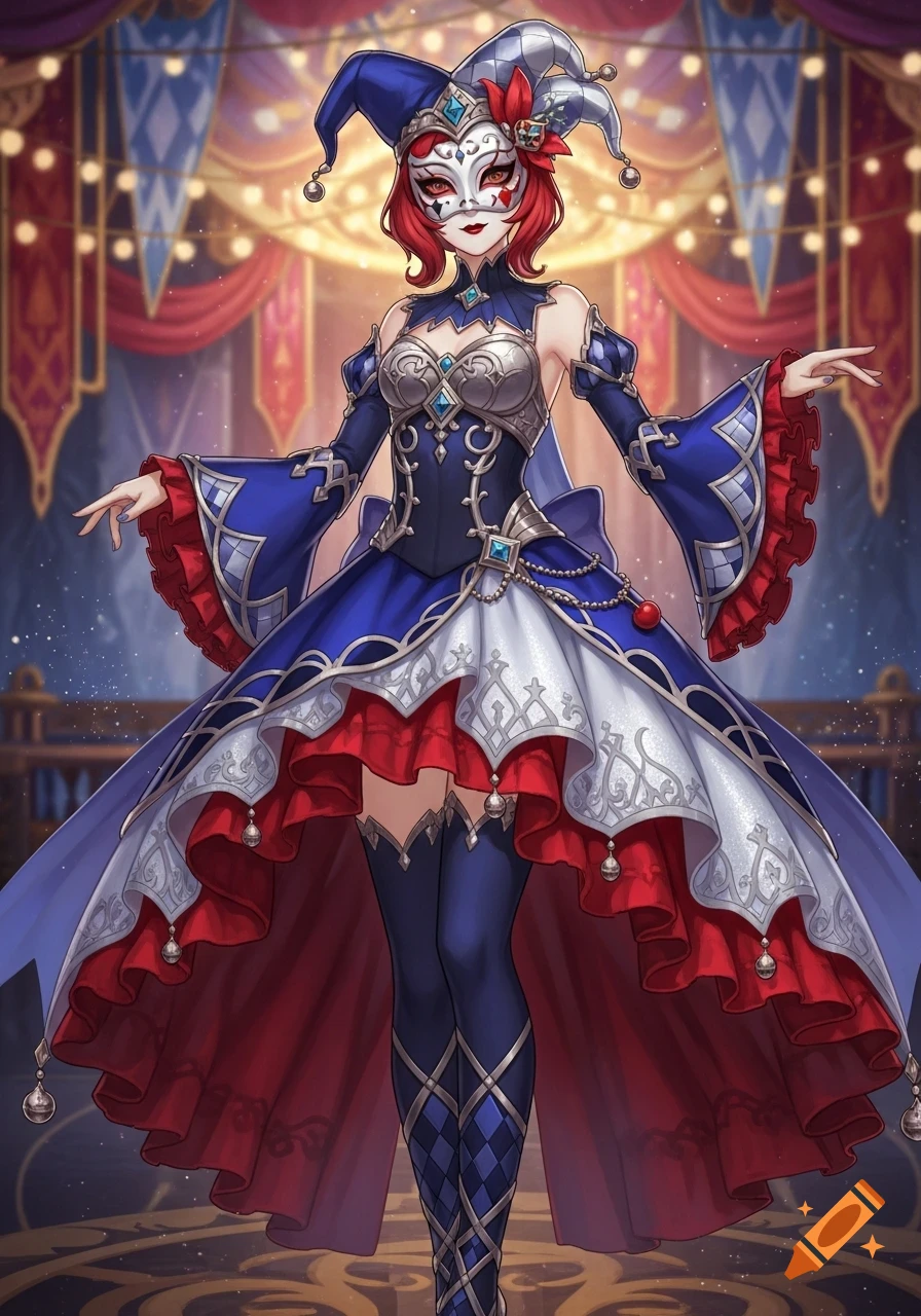 An anime-style female character in a blue, white, and red jester costume with a mask and hat, standing in a circus setting.
