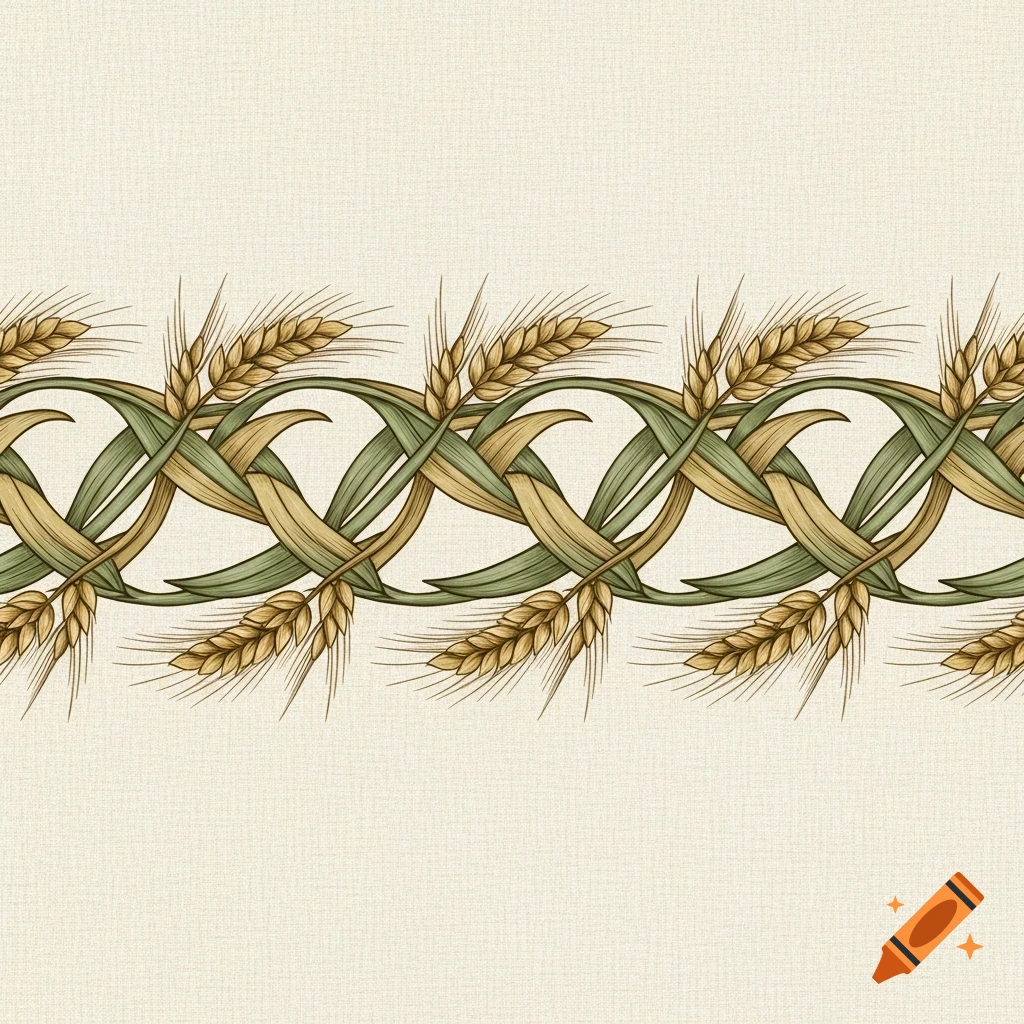 Repeating ornamental border with intertwined wheat stalks and leaves on a light beige textured background.