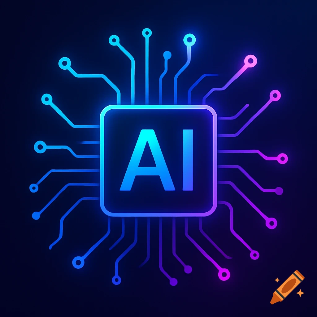 A futuristic digital illustration of a glowing blue and purple computer chip with 'AI' on it and circuits extending outwards.