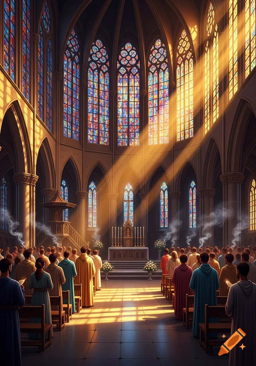 A vibrant, detailed illustration of a large congregation gathered in a sunlit church, featuring intricate stained glass windows.