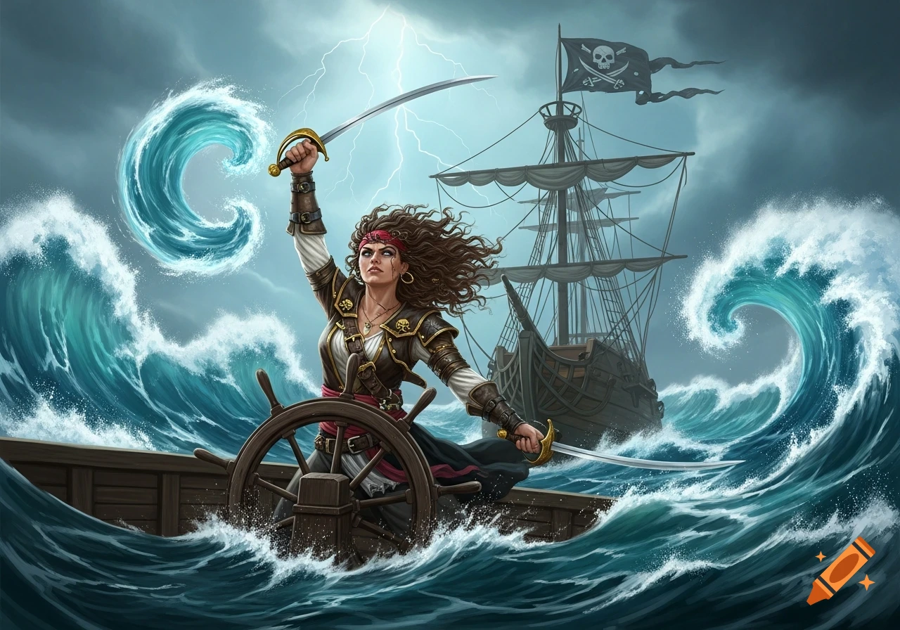 A fierce female pirate with curly hair and two cutlasses at a ship's helm, conjures a wave on a stormy sea, with a pirate ship in the background.