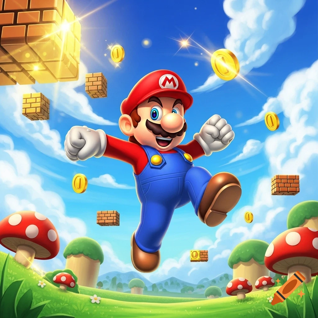 Mario jumps joyfully in a vibrant, cartoonish landscape with floating coins, brick blocks, and red mushrooms.