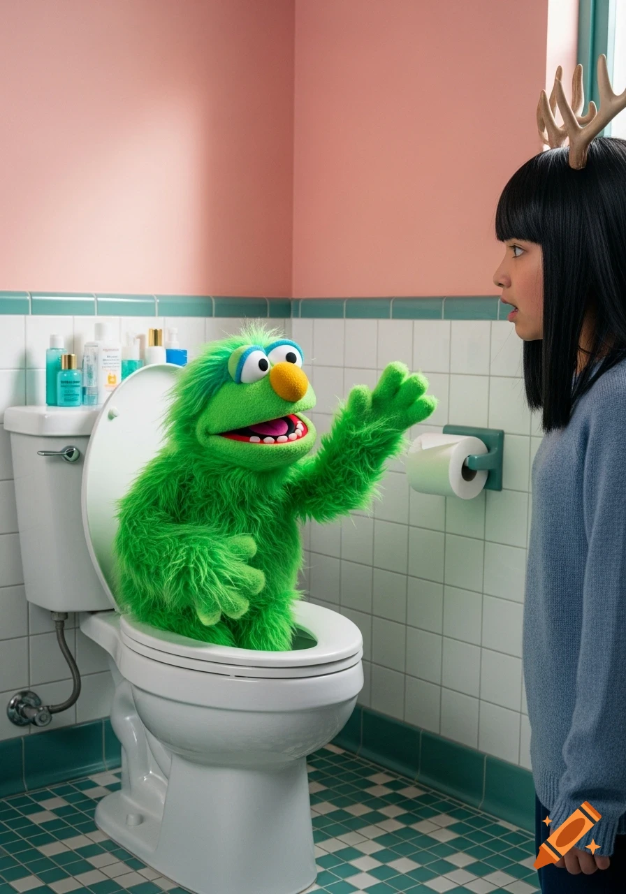 A fluffy green muppet sits in a toilet, gesturing with one hand toward a surprised woman with antlers on her head in a brightly lit bathroom.