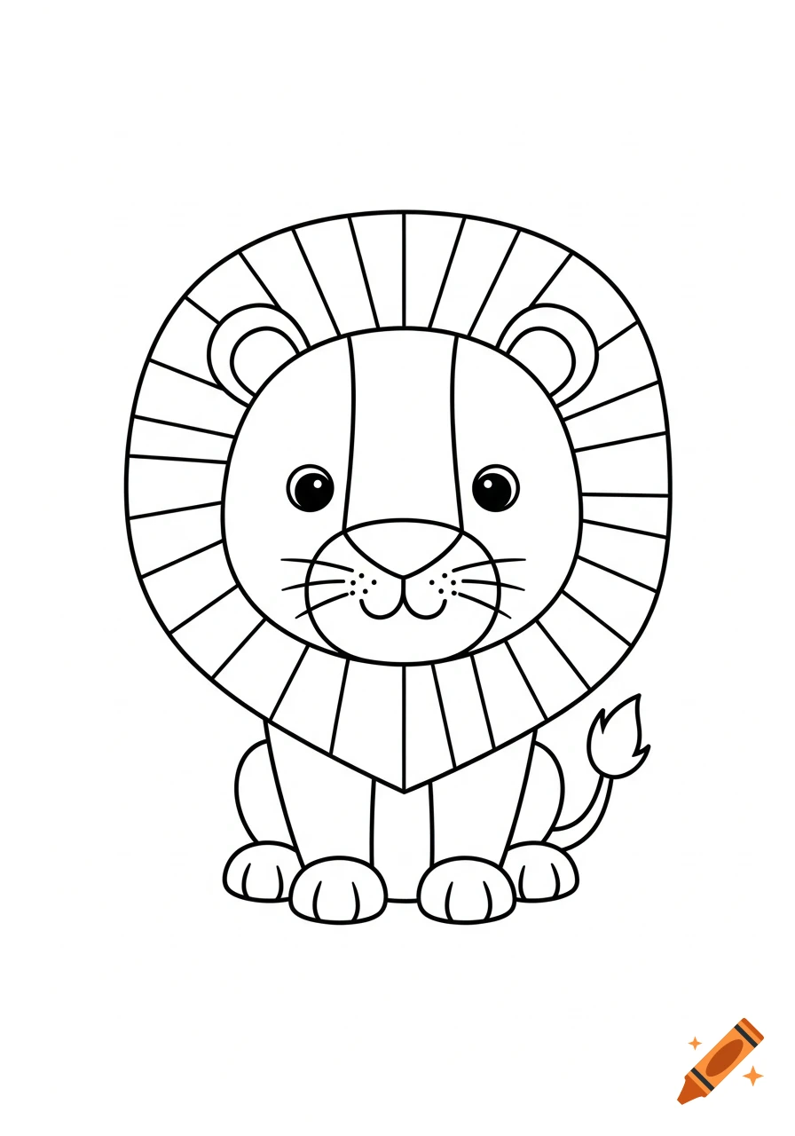 Black and white line drawing of a cute, smiling cartoon lion for a coloring book.