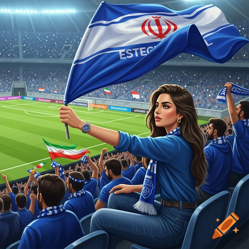 A female Esteghlal soccer fan with long brown hair, wearing a blue shirt and scarf, holds up a large blue and white flag in a stadium filled with cheering fans.