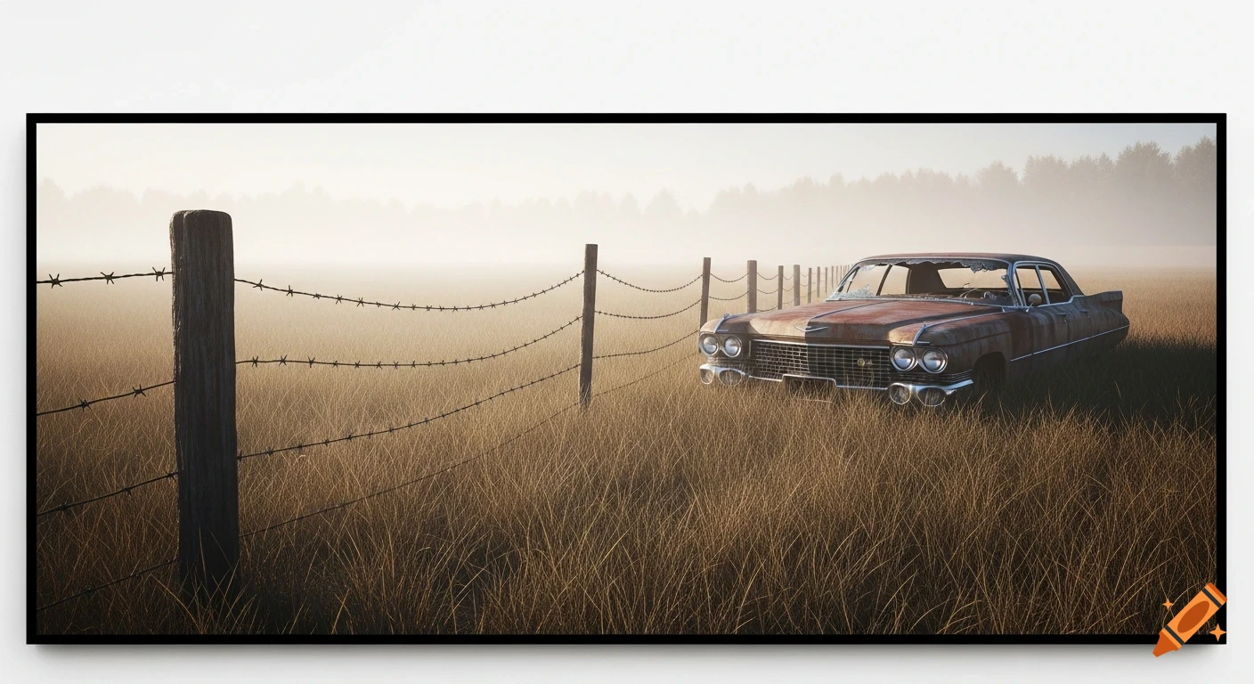 A rusty, abandoned Cadillac sits in a field of dry grass next to a barbed wire fence under a misty morning sky. Photorealistic.