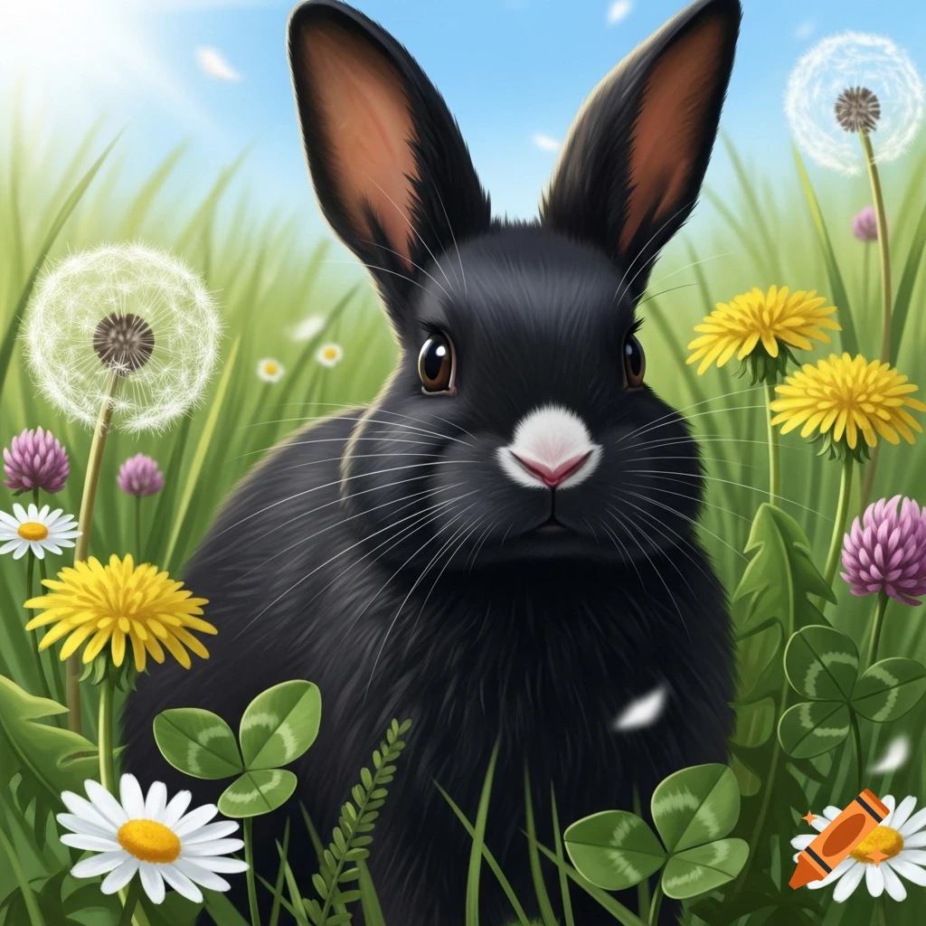 A black bunny with a white nose sits amongst green grass and colorful wildflowers like dandelions, clover, and daisies under a blue sky.